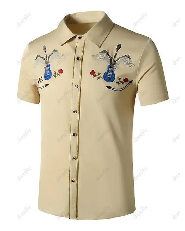 Guitar Rose Flowers Embroidered Metallic Thread Shirt
