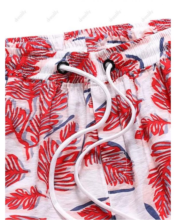 Leaves Print Drawstring Bohemian Shorts