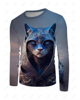 Cat Armor Print T-shirt Casual Round Neck Long Sleeve Tee