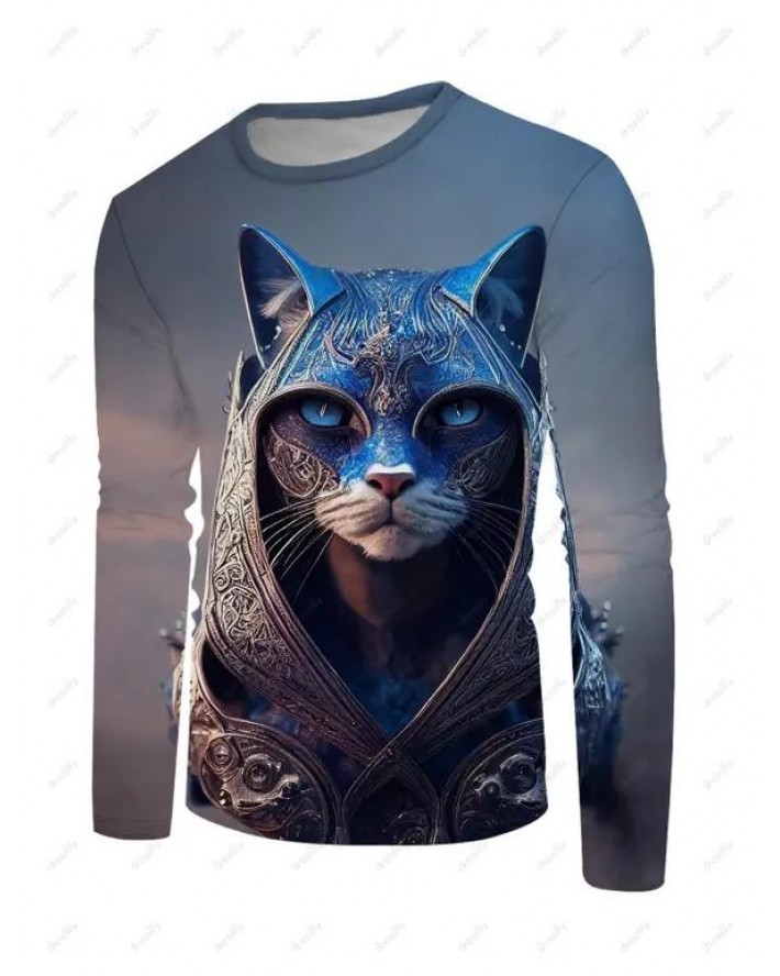 Cat Armor Print T-shirt Casual Round Neck Long Sleeve Tee