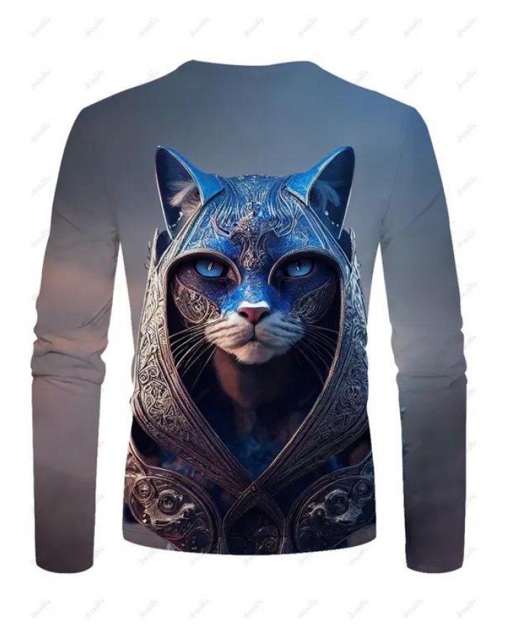 Cat Armor Print T-shirt Casual Round Neck Long Sleeve Tee