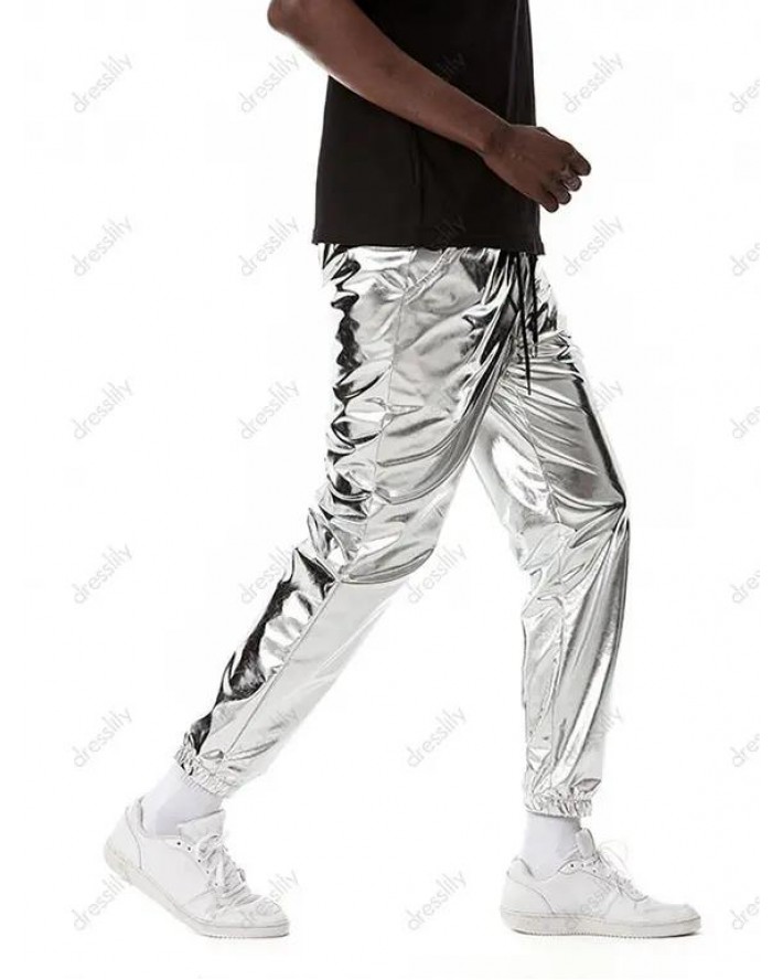 Sparkly Metallic Print Disco Pants Drawstring Waist Beam Feet Party Club Pants