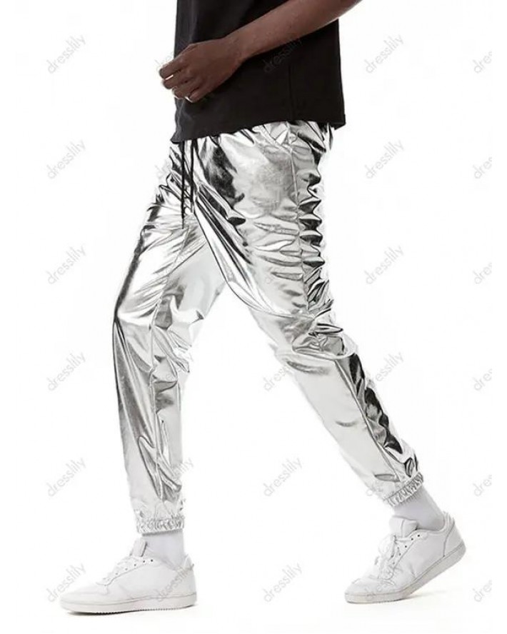 Sparkly Metallic Print Disco Pants Drawstring Waist Beam Feet Party Club Pants