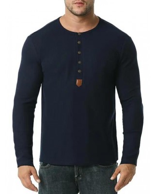 Jacquard Button Round Collar Long Sleeve T-shirt
