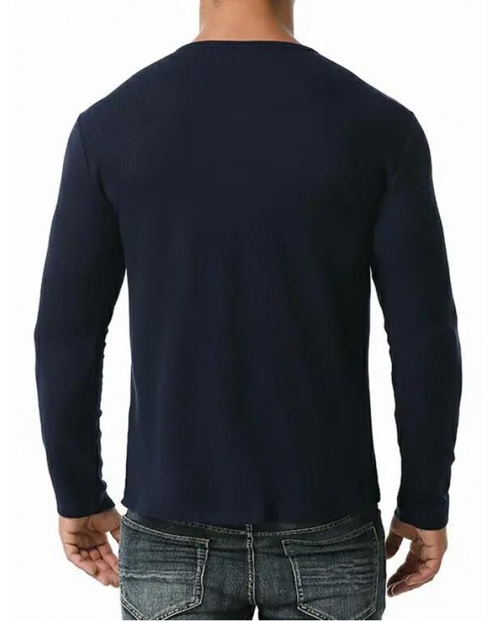 Jacquard Button Round Collar Long Sleeve T-shirt