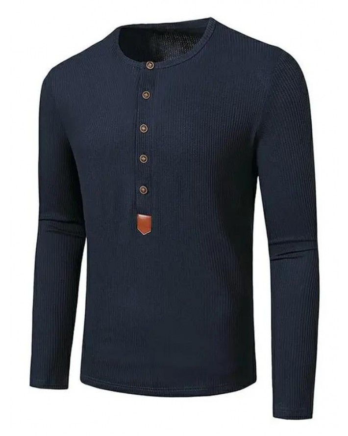Jacquard Button Round Collar Long Sleeve T-shirt