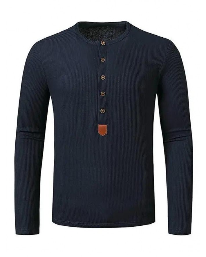 Jacquard Button Round Collar Long Sleeve T-shirt