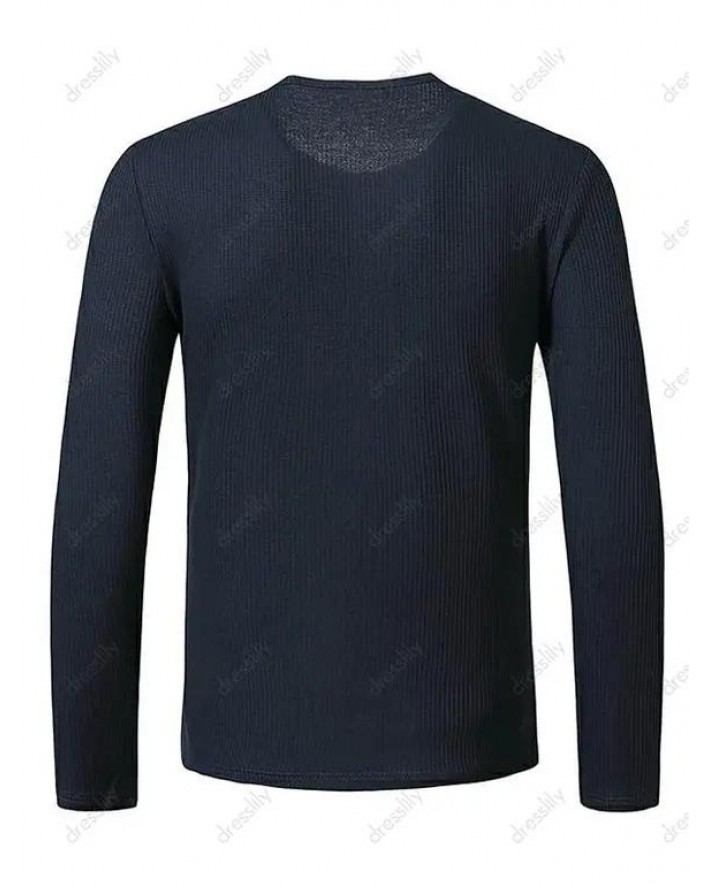 Jacquard Button Round Collar Long Sleeve T-shirt