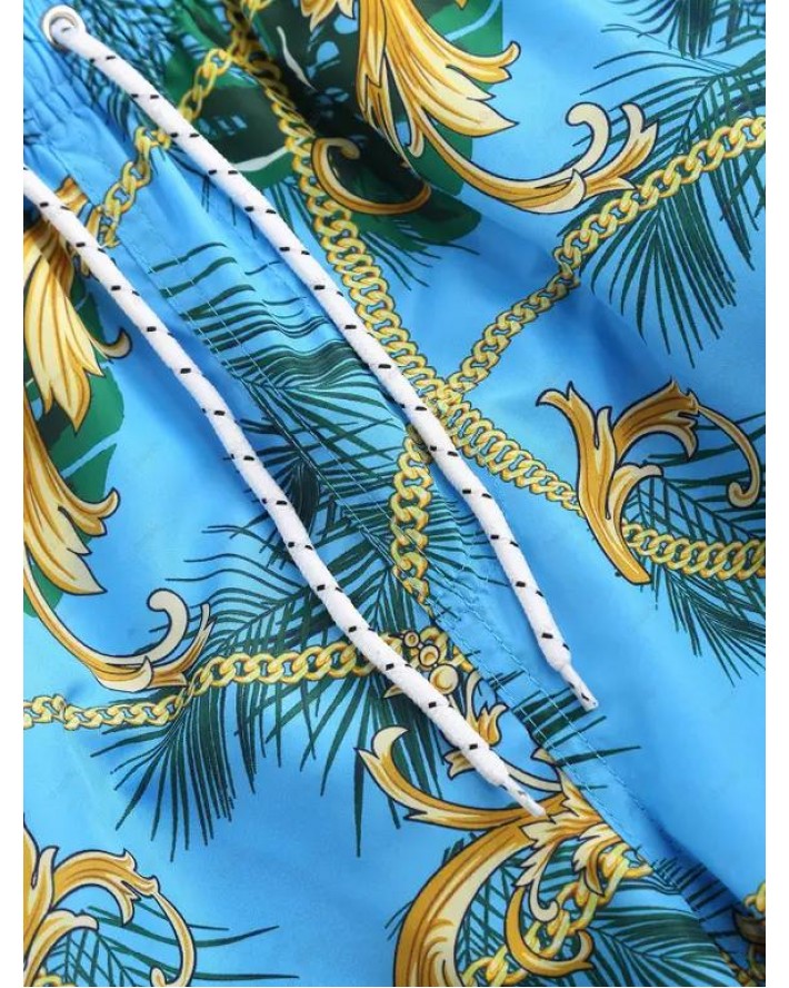 Baroque Tropical Leaf Print Board Shorts
