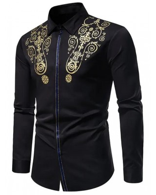 Glitter Bronzing Flower Vintage Shirt Long Sleeve Hidden Button Semi Formal Shirt