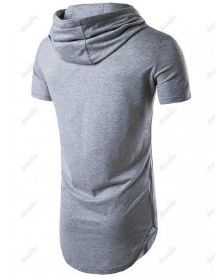 Drawstring Curved Hem Zipper Slit Hooded T Shirt