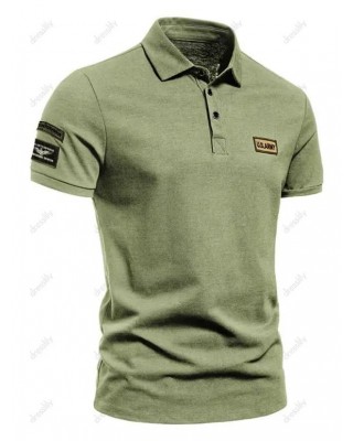 Short Sleeve Letter Appliques T-shirt A Quarter Button Turndown Collar Sport Tee