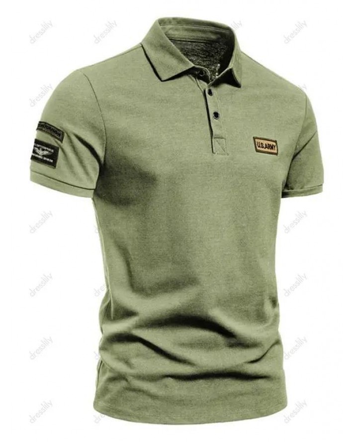 Short Sleeve Letter Appliques T-shirt A Quarter Button Turndown Collar Sport Tee