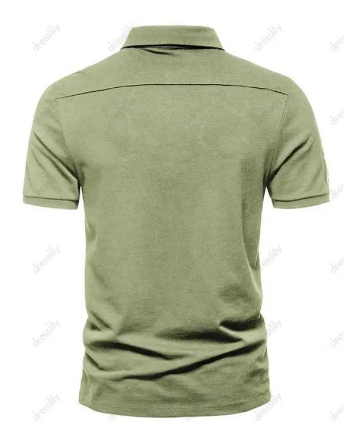 Short Sleeve Letter Appliques T-shirt A Quarter Button Turndown Collar Sport Tee