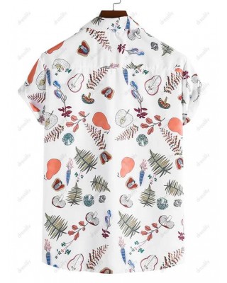 Casual Beach Shirt Plant Fruit Print Notched Collar Front Pocket Summer Button-up Shirt