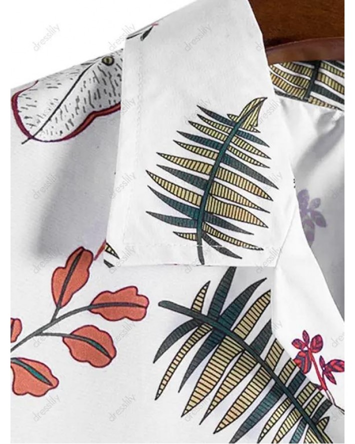 Casual Beach Shirt Plant Fruit Print Notched Collar Front Pocket Summer Button-up Shirt