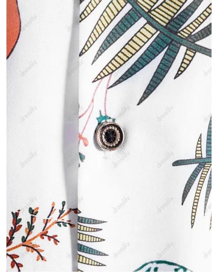 Casual Beach Shirt Plant Fruit Print Notched Collar Front Pocket Summer Button-up Shirt