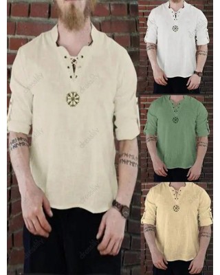 Lace Up Shirt Embroidery Pattern Long Sleeve Shirt Stand Collar Casual Shirt