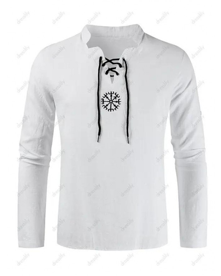 Lace Up Shirt Embroidery Pattern Long Sleeve Shirt Stand Collar Casual Shirt