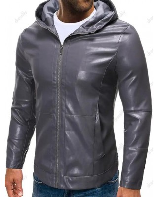 Hooded Zip Up Faux Leather Jacket
