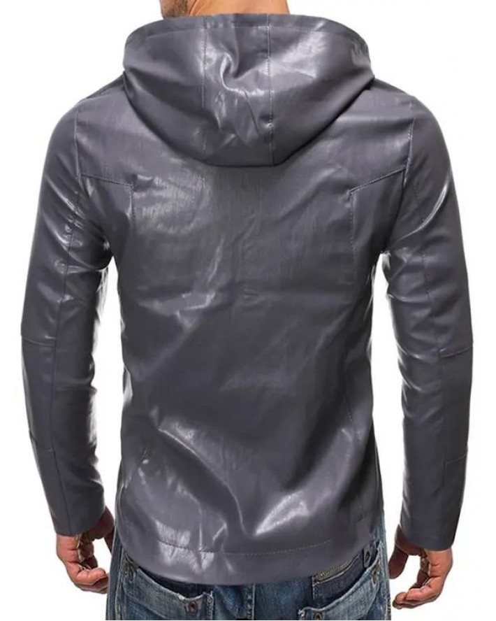 Hooded Zip Up Faux Leather Jacket