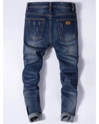 Distressed Ripped Jeans Scratches Long Destroy Wash Straight Denim Pants