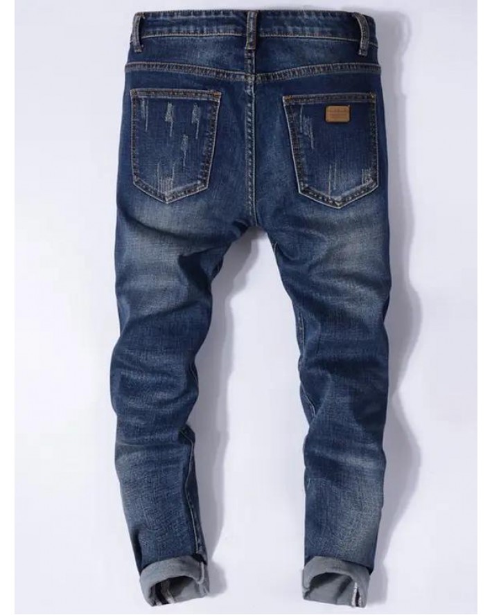 Distressed Ripped Jeans Scratches Long Destroy Wash Straight Denim Pants