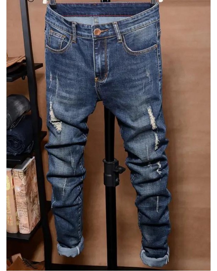 Distressed Ripped Jeans Scratches Long Destroy Wash Straight Denim Pants