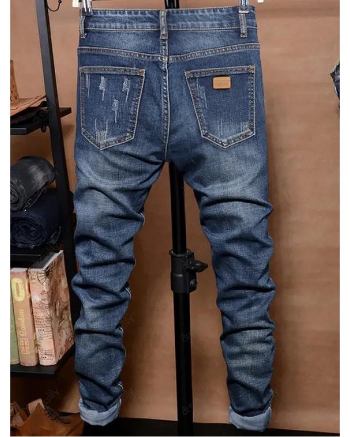 Distressed Ripped Jeans Scratches Long Destroy Wash Straight Denim Pants