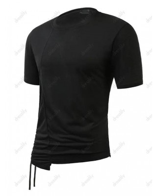 Solid Color Cinched Short Sleeve T-shirt Irregular Hem Round Neck Casual Tee