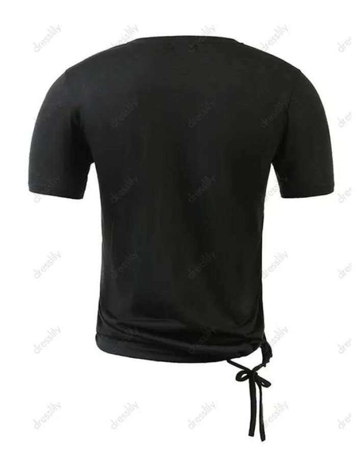 Solid Color Cinched Short Sleeve T-shirt Irregular Hem Round Neck Casual Tee