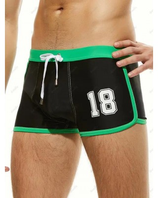 Sporty Swimming Trunks Ringer Drawstrings Number Print Short Skinny Swimming Bottom