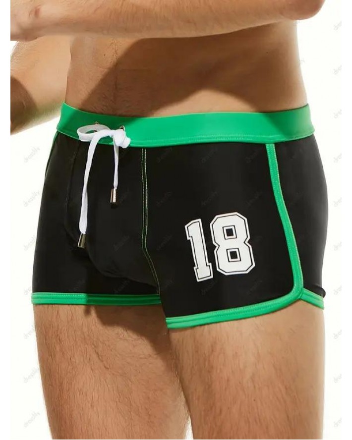 Sporty Swimming Trunks Ringer Drawstrings Number Print Short Skinny Swimming Bottom