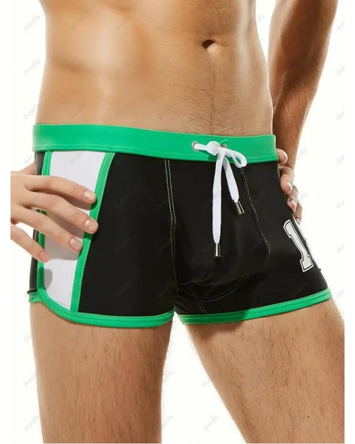 Sporty Swimming Trunks Ringer Drawstrings Number Print Short Skinny Swimming Bottom
