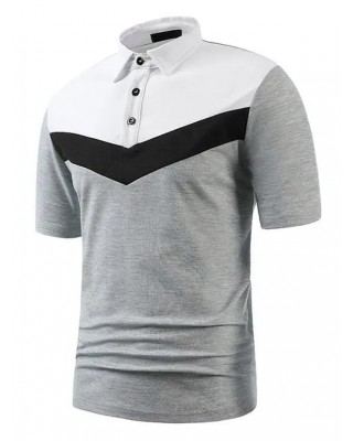 Colorblock Panel Short Sleeve T-shirt A Quarter Button Turndown Collar Sport Tee