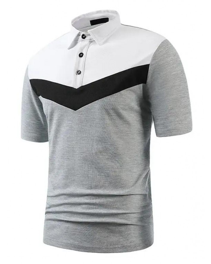 Colorblock Panel Short Sleeve T-shirt A Quarter Button Turndown Collar Sport Tee