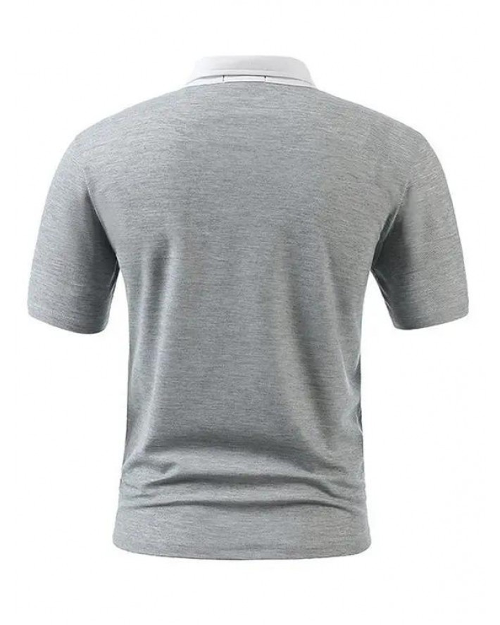 Colorblock Panel Short Sleeve T-shirt A Quarter Button Turndown Collar Sport Tee