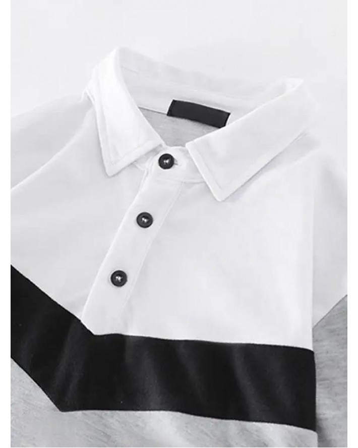Colorblock Panel Short Sleeve T-shirt A Quarter Button Turndown Collar Sport Tee