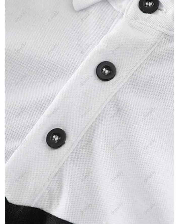 Colorblock Panel Short Sleeve T-shirt A Quarter Button Turndown Collar Sport Tee