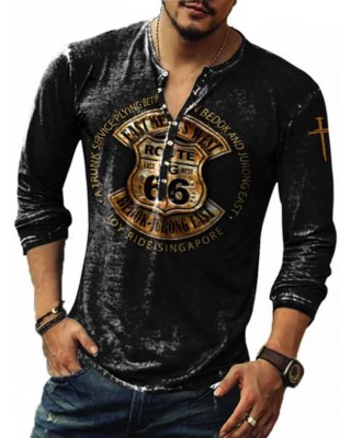 Vintage T Shirt Badge Letter Cross Print Long Sleeve Half Button Round Neck Casual Tee