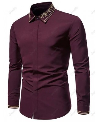 Contrast Letter Stripe Embroidery Shirt Long Sleeve Hidden Button Casual Business Shirt