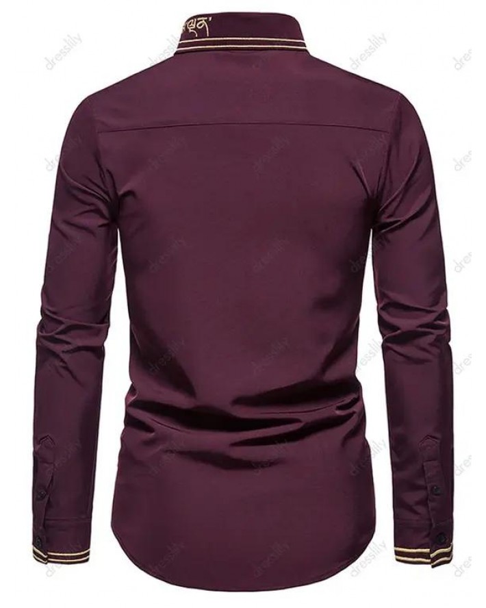 Contrast Letter Stripe Embroidery Shirt Long Sleeve Hidden Button Casual Business Shirt
