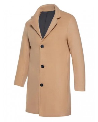 Plain Color Coat Side Pocket Full Sleeve Turn Down Collar Button Up Long Coat