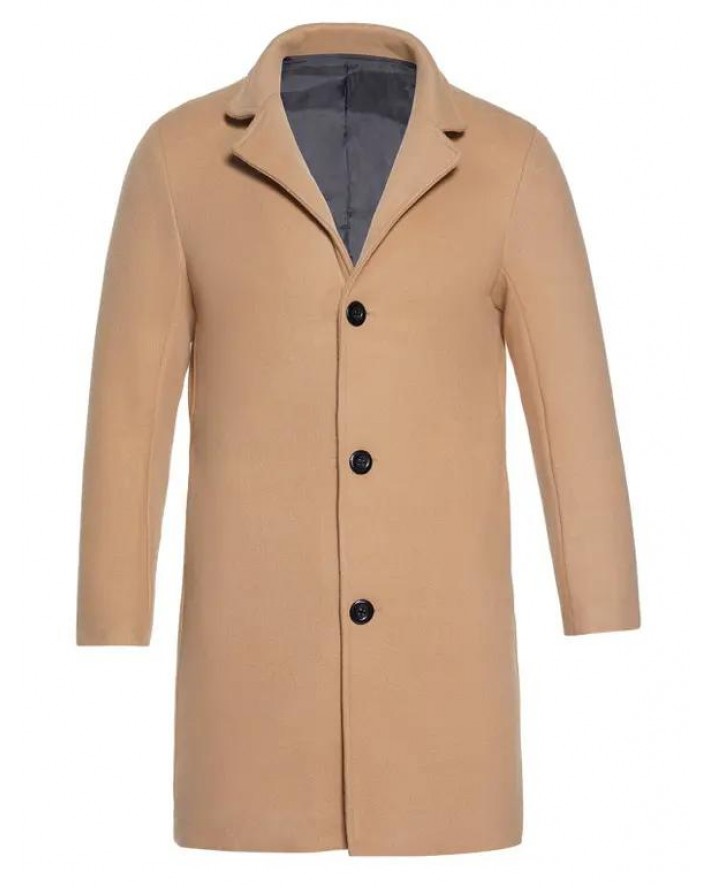 Plain Color Coat Side Pocket Full Sleeve Turn Down Collar Button Up Long Coat