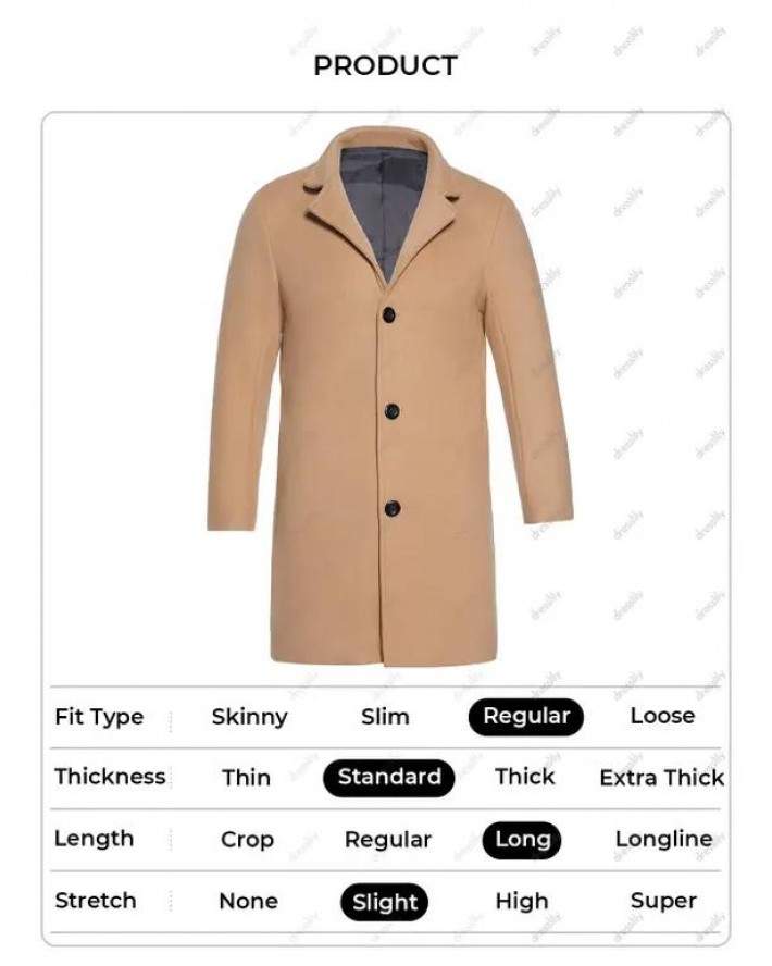 Plain Color Coat Side Pocket Full Sleeve Turn Down Collar Button Up Long Coat