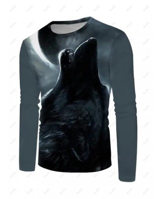 Wolf Print T Shirt Animal Round Neck Long Sleeve Casual Tee
