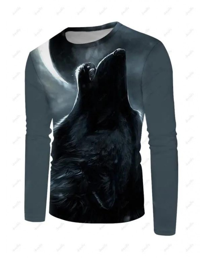 Wolf Print T Shirt Animal Round Neck Long Sleeve Casual Tee