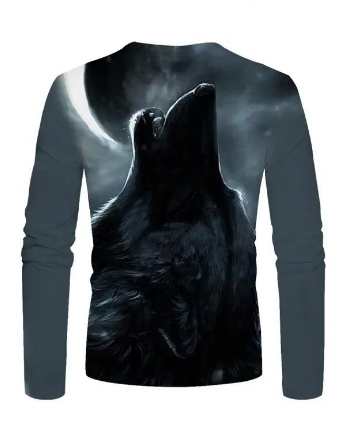 Wolf Print T Shirt Animal Round Neck Long Sleeve Casual Tee