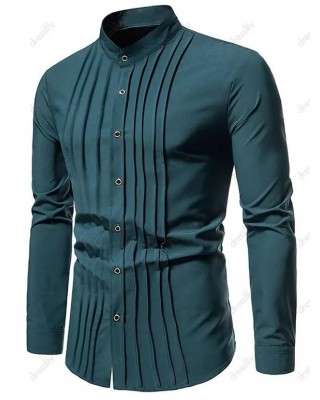 Pleated Casual Shirt Plain Color Long Sleeve Stand Collar Button-up Shirt