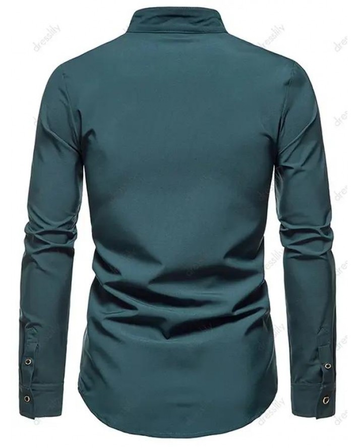 Pleated Casual Shirt Plain Color Long Sleeve Stand Collar Button-up Shirt